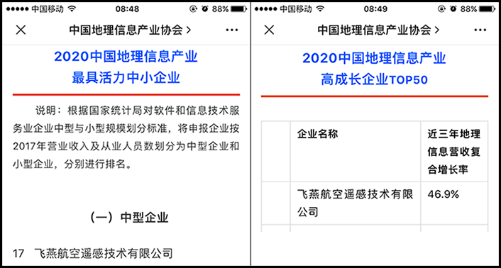 喜訊丨飛燕遙感榮獲2020中國地理信息產(chǎn)業(yè)最具活力中型企業(yè)榮譽(yù)稱號，榮耀入選2020中國地理信息產(chǎn)業(yè)高成長企業(yè)TOP50！